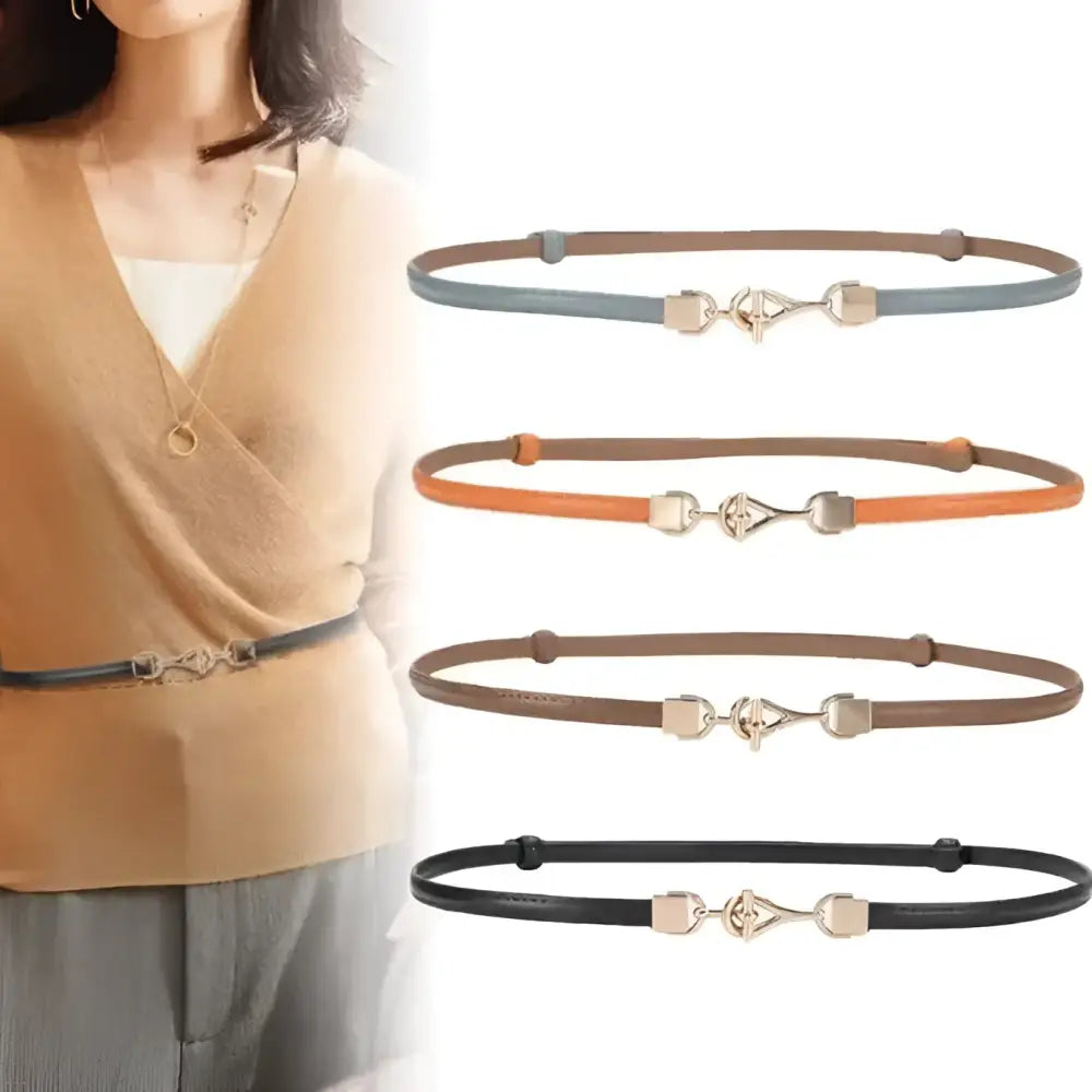 Shaqi Model Belt Thin Leather Belt with Decorative Gold Buckle showcasing stylish model belt design