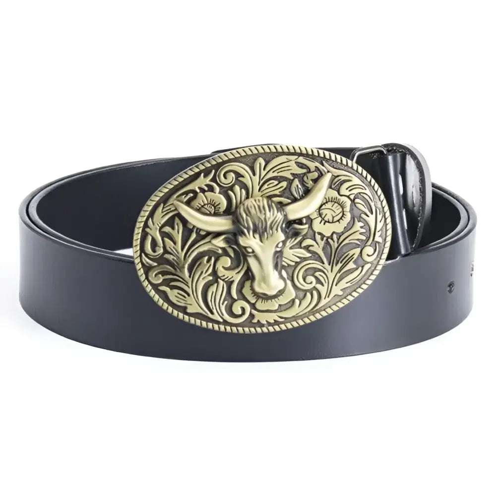 Siku Belt with Ornate Bull-Head Buckle in Black Leather Style showing black leather belt