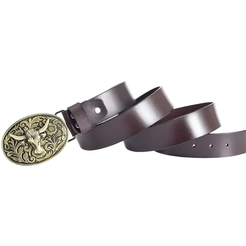 Siku Belt with ornate bull-head buckle in black leather style for men