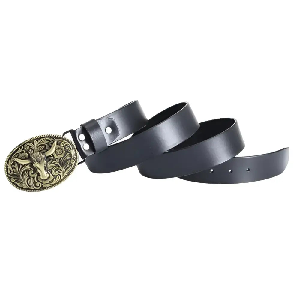 Siku belt with ornate bull-head buckle in black leather style for a sophisticated look