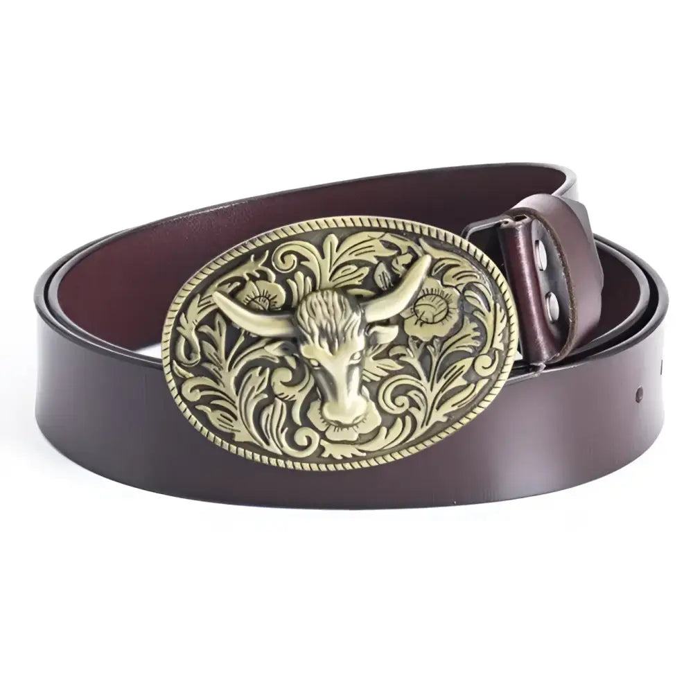Siku Belt with ornate bull-head buckle in black leather style for sophisticated fashion