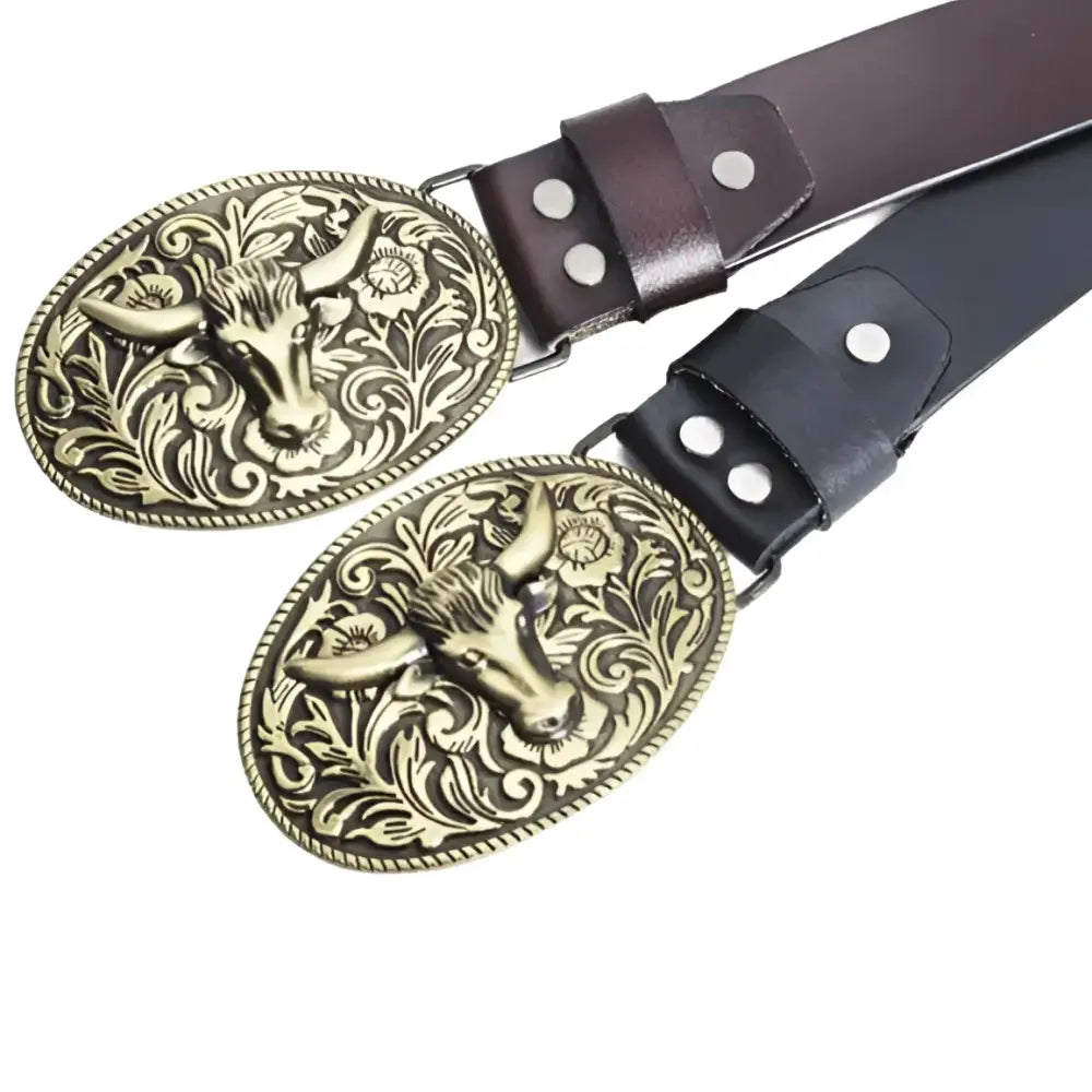 Siku Belt with Ornate Bull-Head Buckle in Black Leather Style featuring two leather belts
