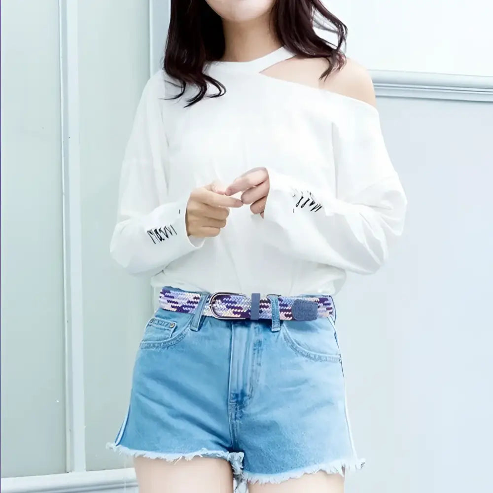 Denim shorts with Silvana Women’s Elastic Braided Belt featuring a patterned design for casual wear