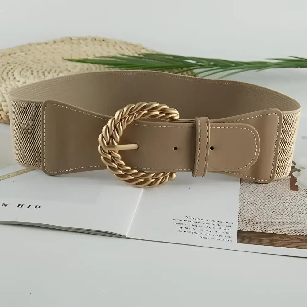 Sophia Elastic Belt in Beige with Twisted Gold Buckle, adjustable elastic belt