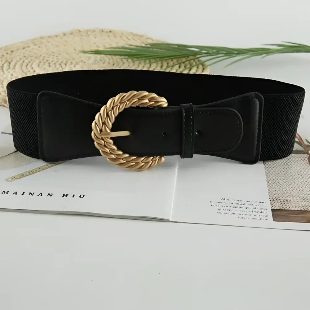 Sophia Elastic Belt with Twisted Gold Buckle in Beige featuring a black elastic belt