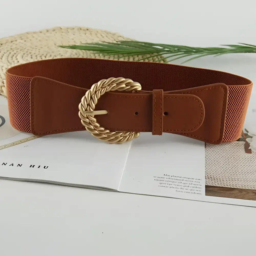 Brown elastic belt with twisted gold buckle from Sophia Elastic Belt collection