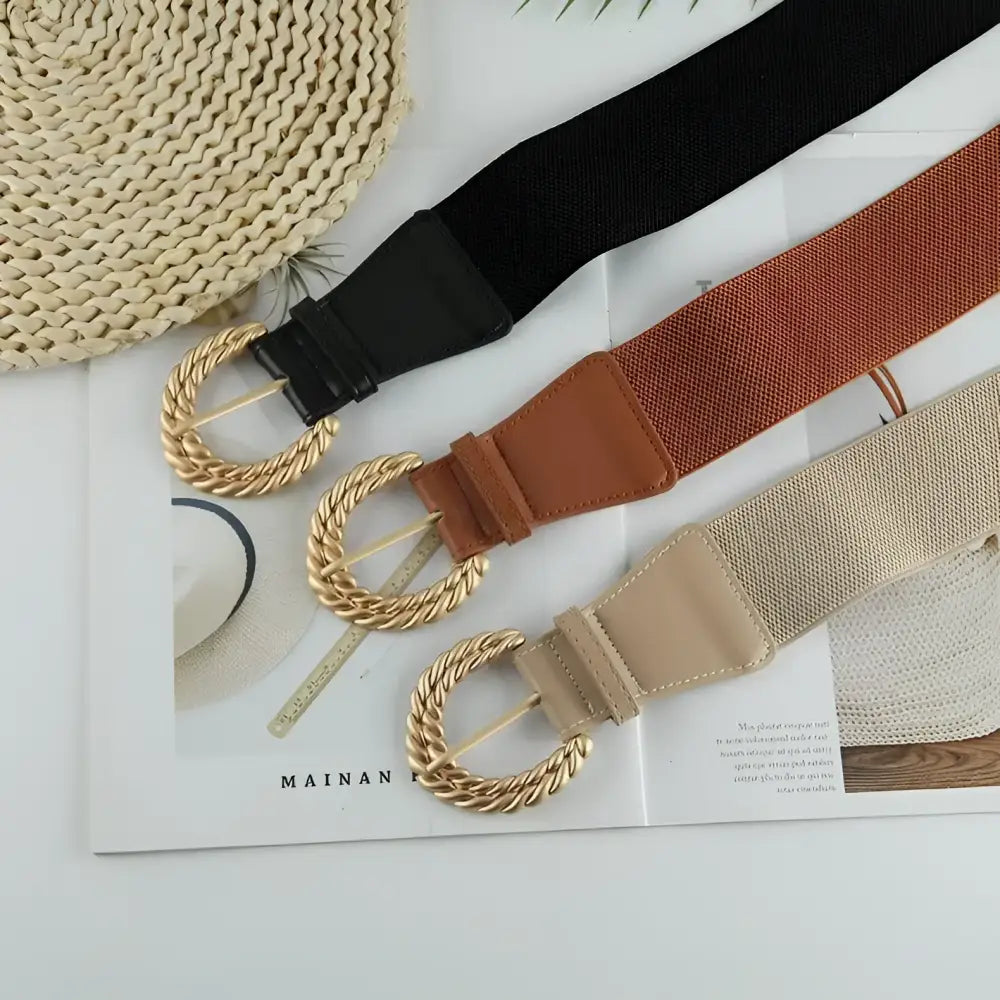 Sophia Elastic Belt with Twisted Gold Buckle in Beige, stylish elastic belt accessory