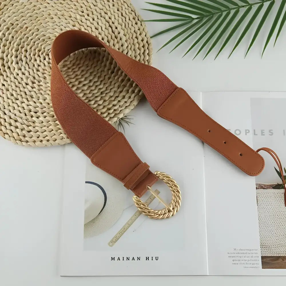 Brown elastic belt with twisted gold buckle from Sophia Elastic Belt collection