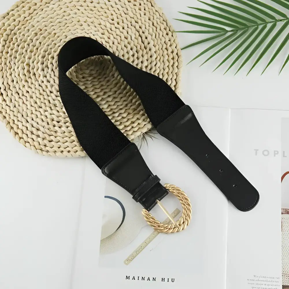 Sophia Elastic Belt with Twisted Gold Buckle in beige featuring a black elastic belt design