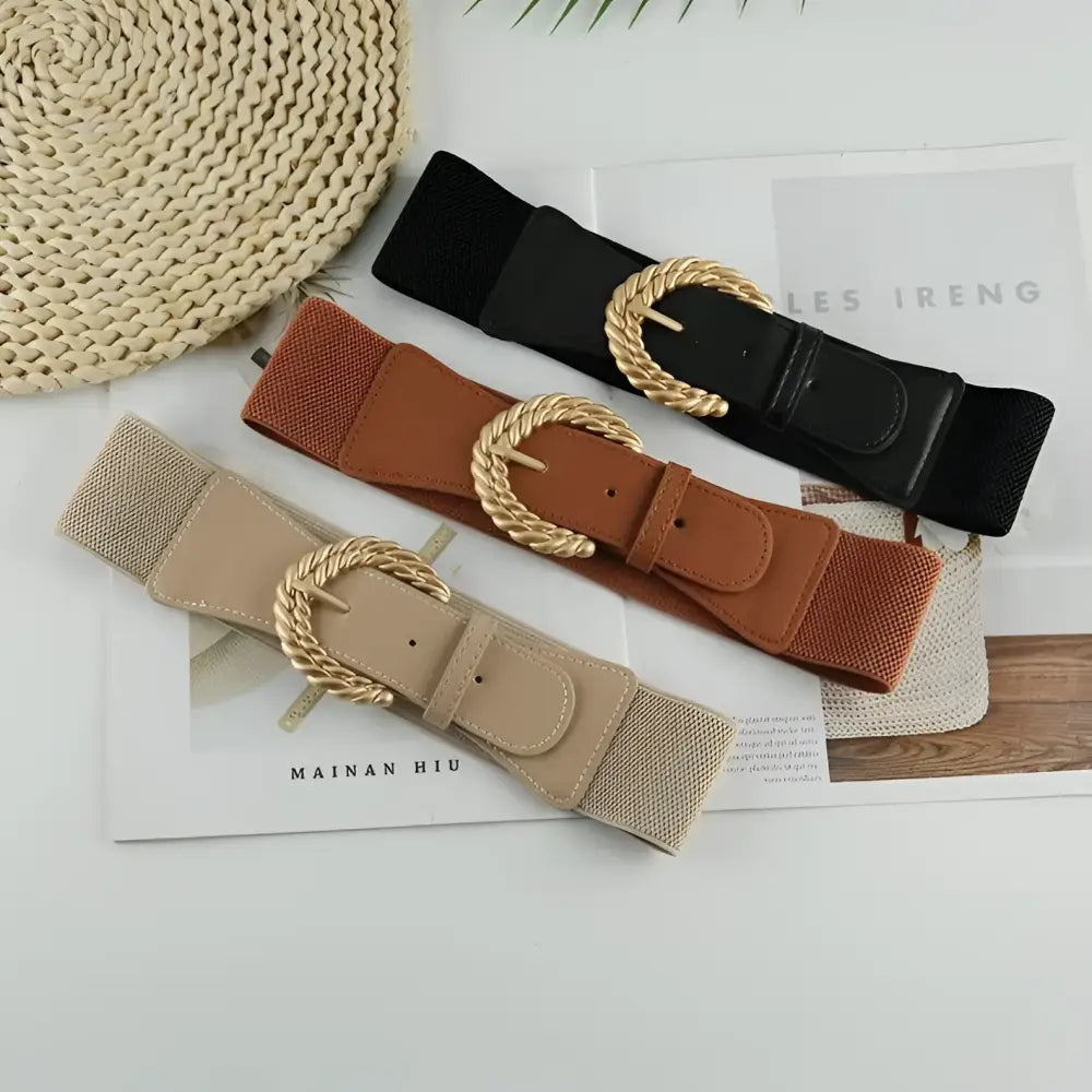 Sophia Elastic Belt with Twisted Gold Buckle and Decorative Design in Beige