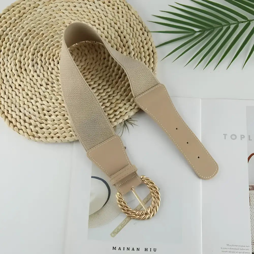Beige Sophia Elastic Belt with Twisted Gold Buckle for fashionable accessory addition
