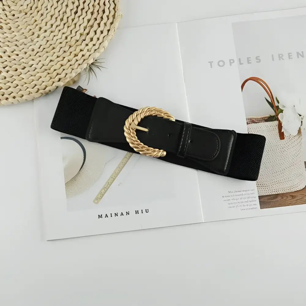 Sophia Elastic Belt with Twisted Gold Buckle in Beige, stylish elastic belt accessory