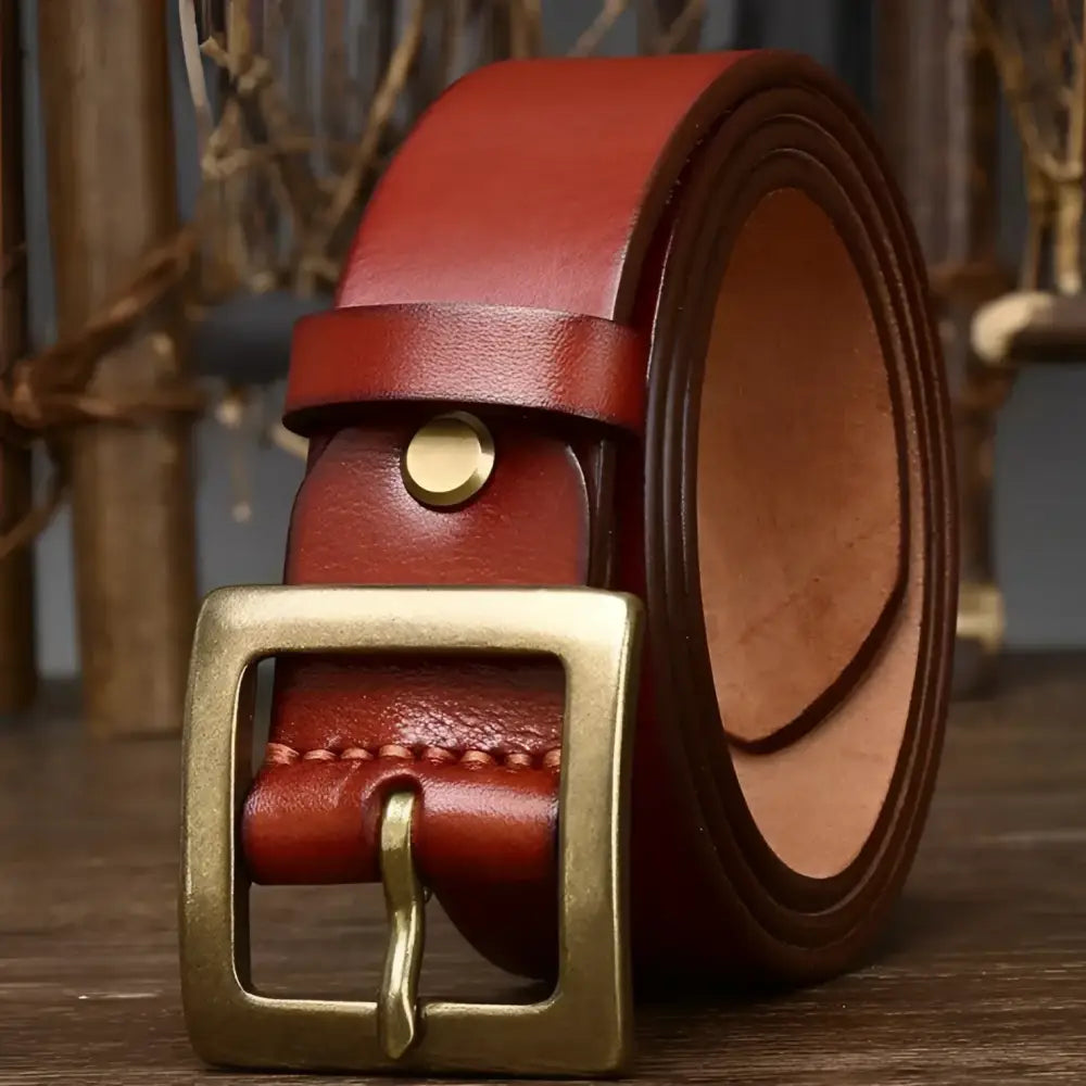 Stenia Belt in genuine leather with brass buckle, rolled brown leather accessory