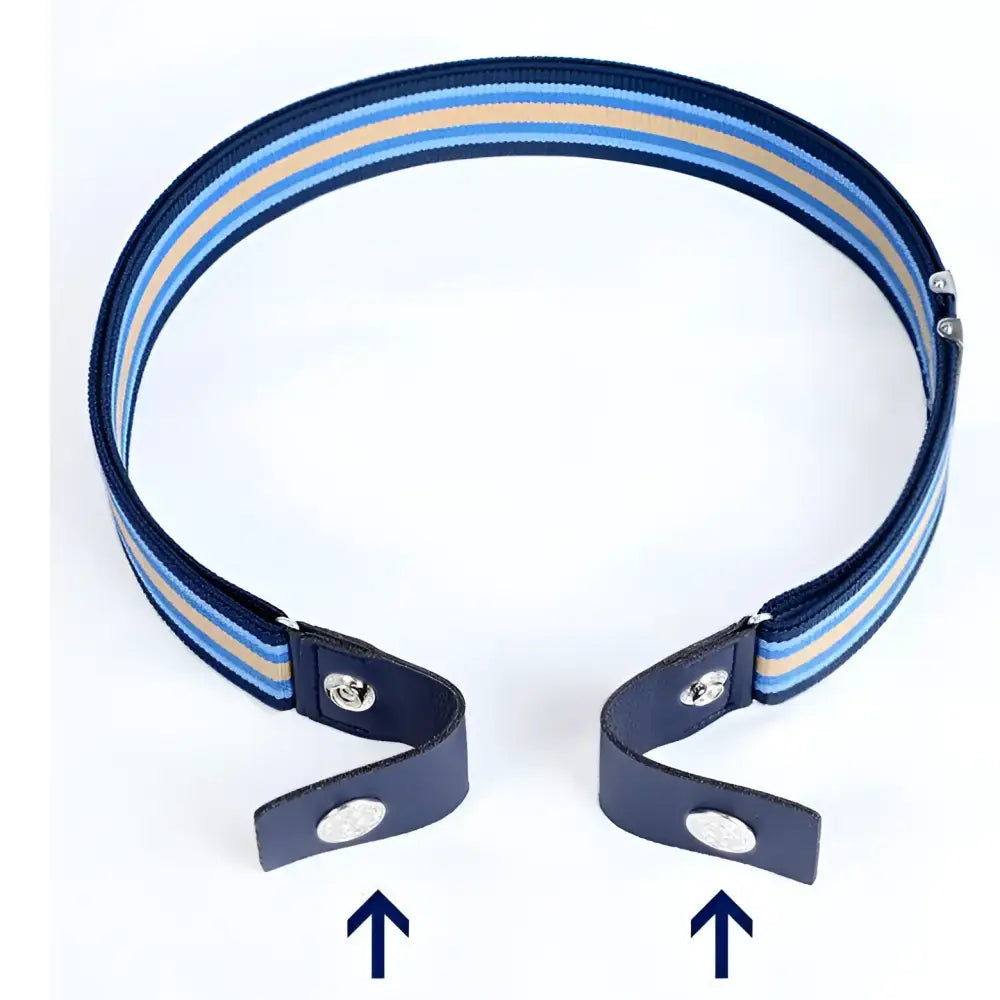 Striped elastic belt with yellow fasteners and leather ends for stylish wear