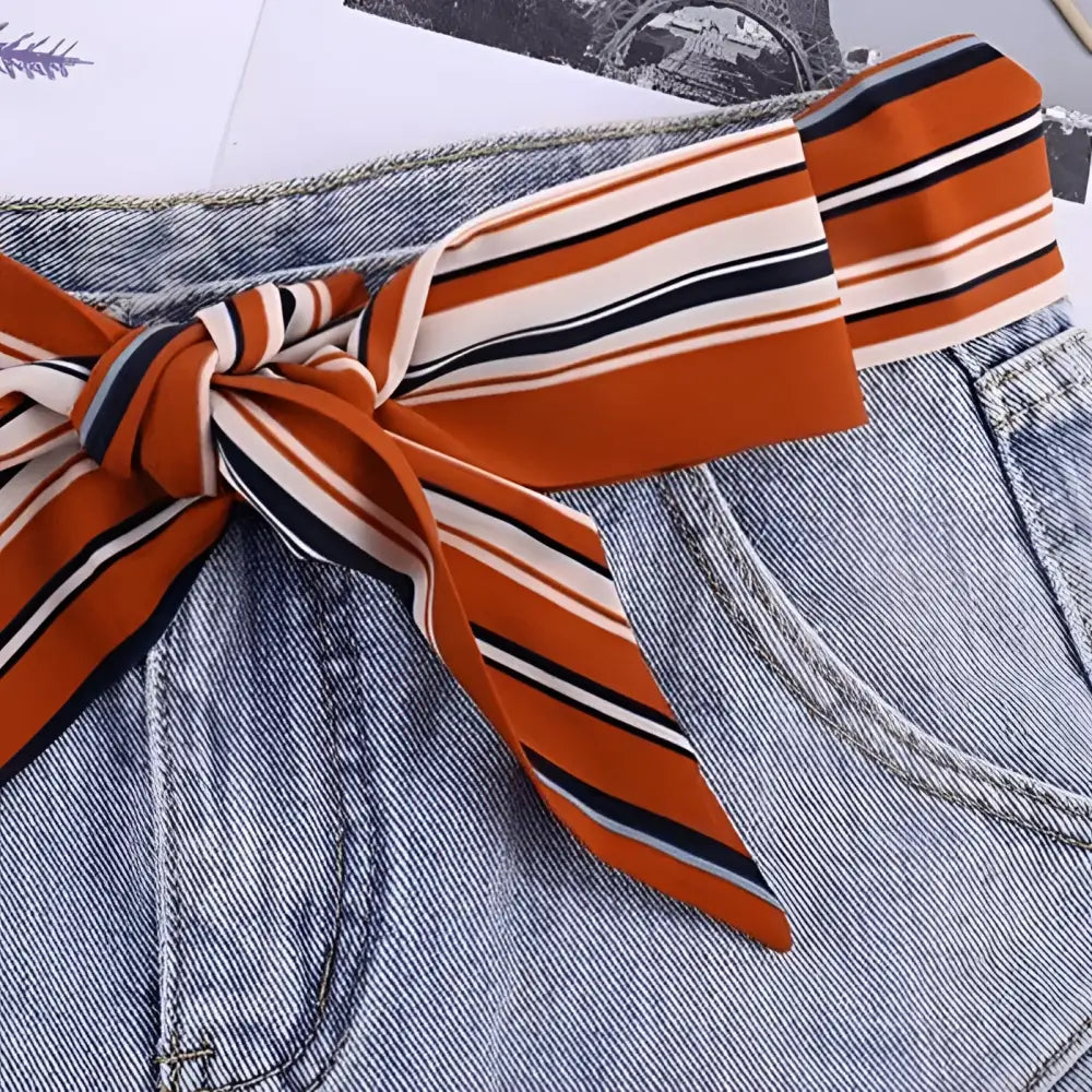 Silk scarf belt for denim shorts with striped tie design, fashionable scarf belt accessory