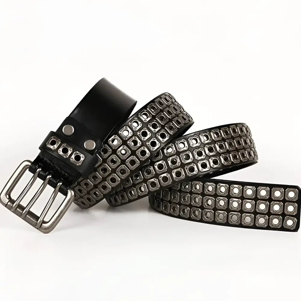 Black leather belt with metal studs for casual outfit enhancement