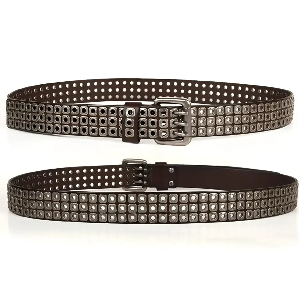 Brown leather belt with square grommets for casual outfit enhancement