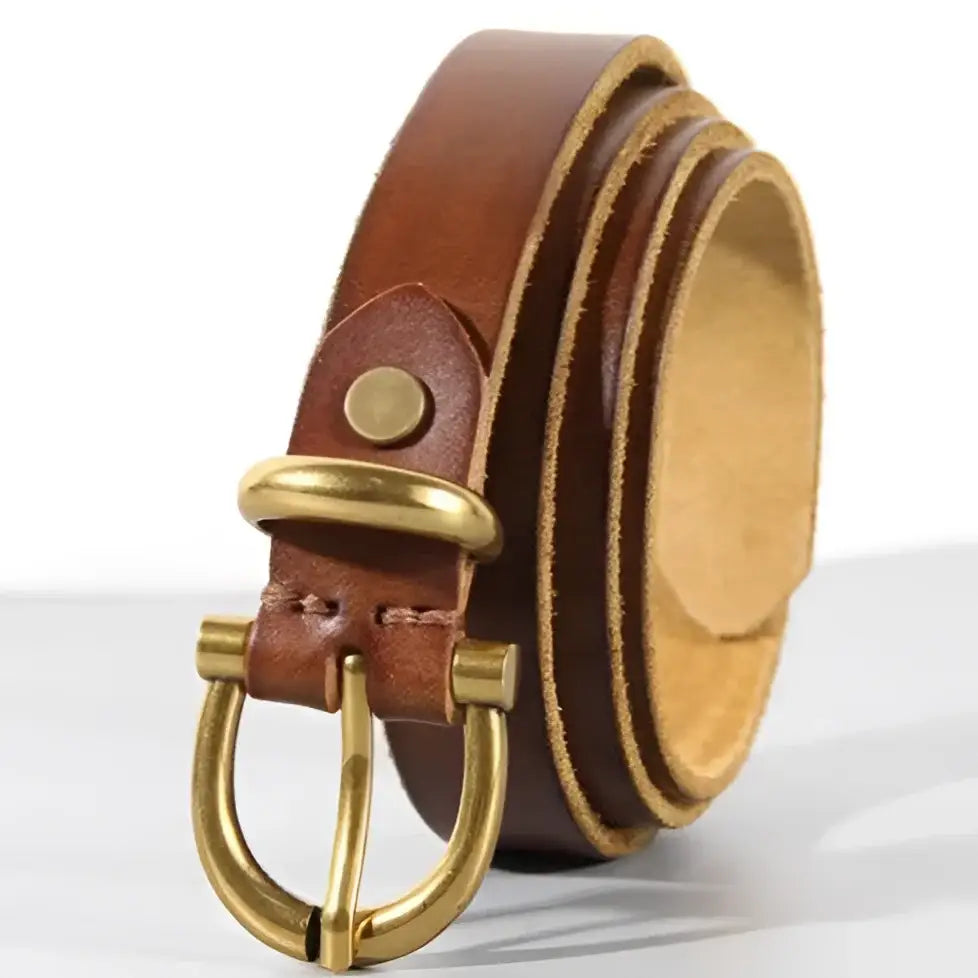 Brown leather belt with brass buckle from Stylish Leather Belts collection