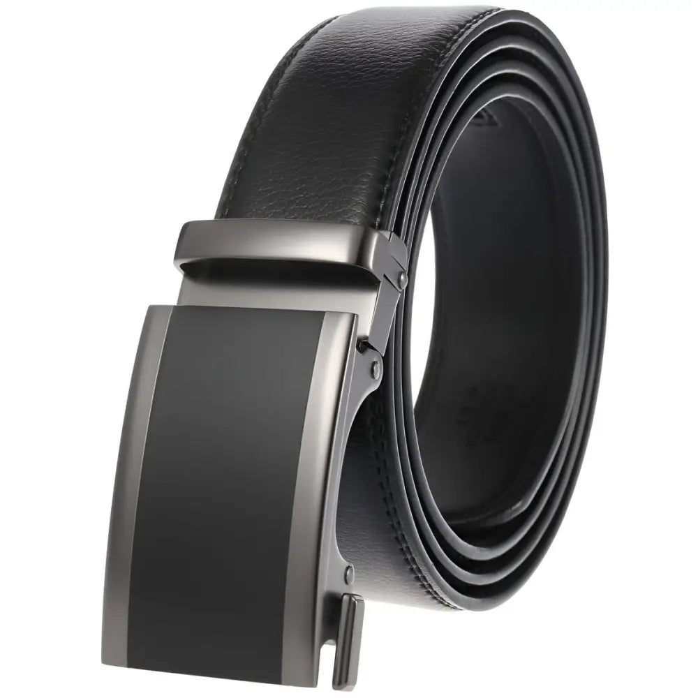 Black leather ratchet belt with metal buckle suitable for men for stylish black leather accessories