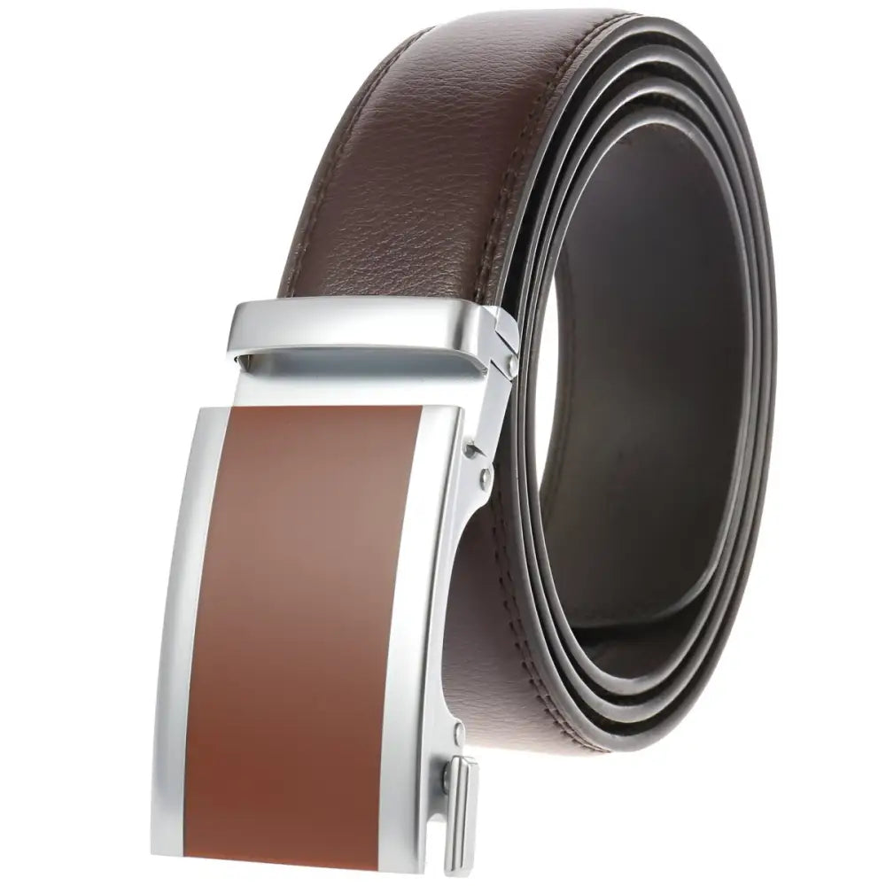 Brown leather belt with silver buckle displayed alongside black leather belt for men