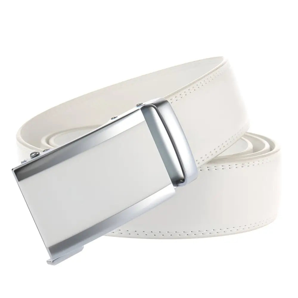 White leather belt with silver buckle, complementing Black Leather Belt for Men