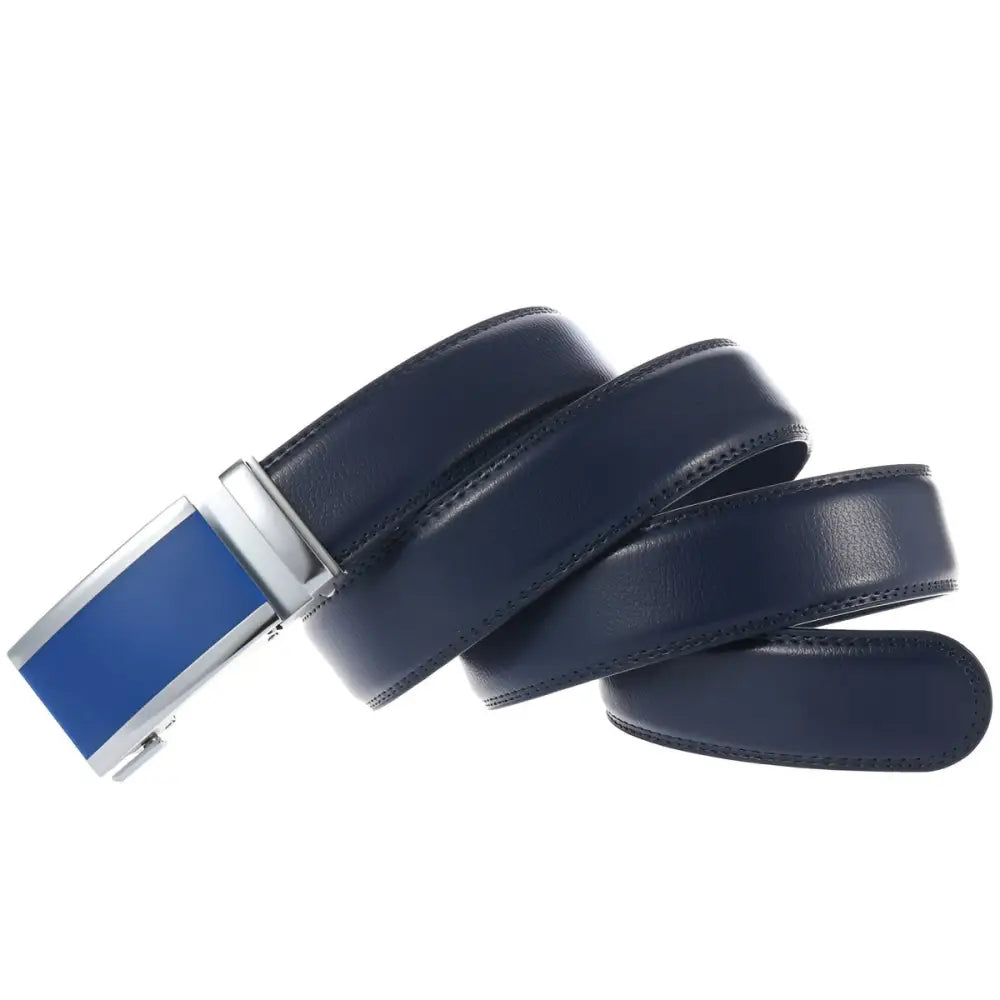 Blue leather belt with silver buckle for Men, premium black leather accessory