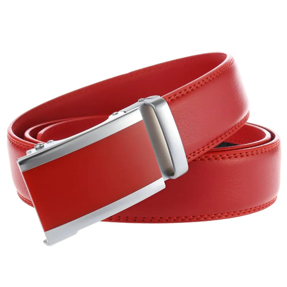 Red leather belt with silver buckle for men, enhancing black leather belt style