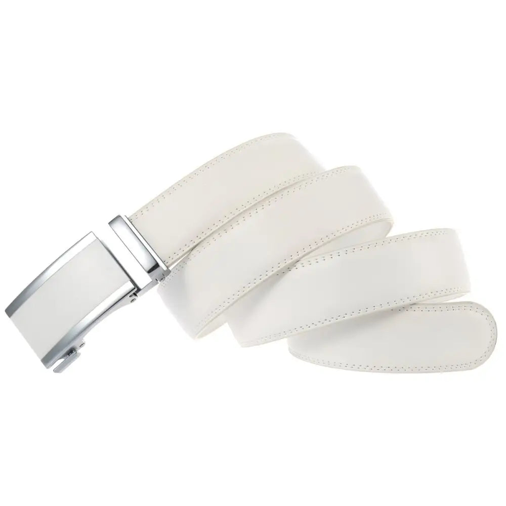 White leather belt with silver buckle displayed for style complementing black leather belts