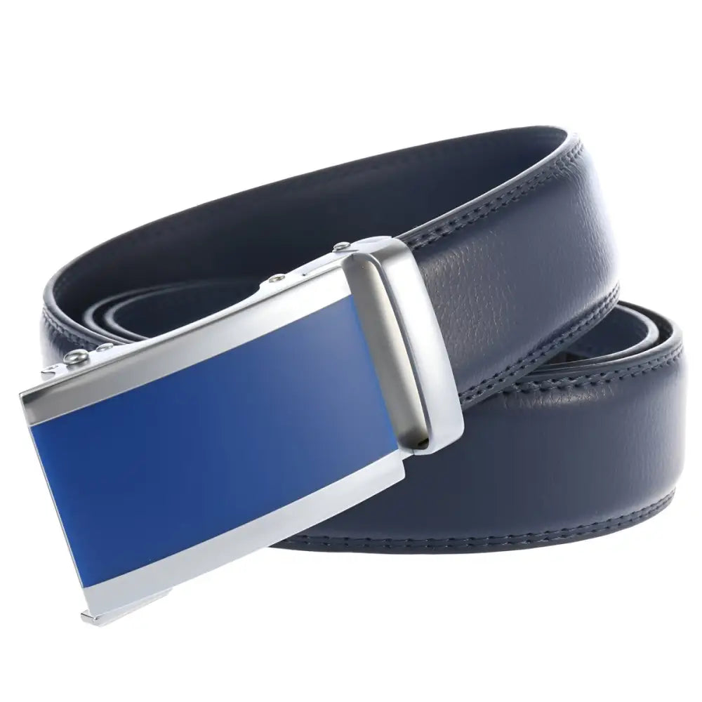 Blue and silver ratchet belt from Black Leather Belt with Metal Buckle for Men