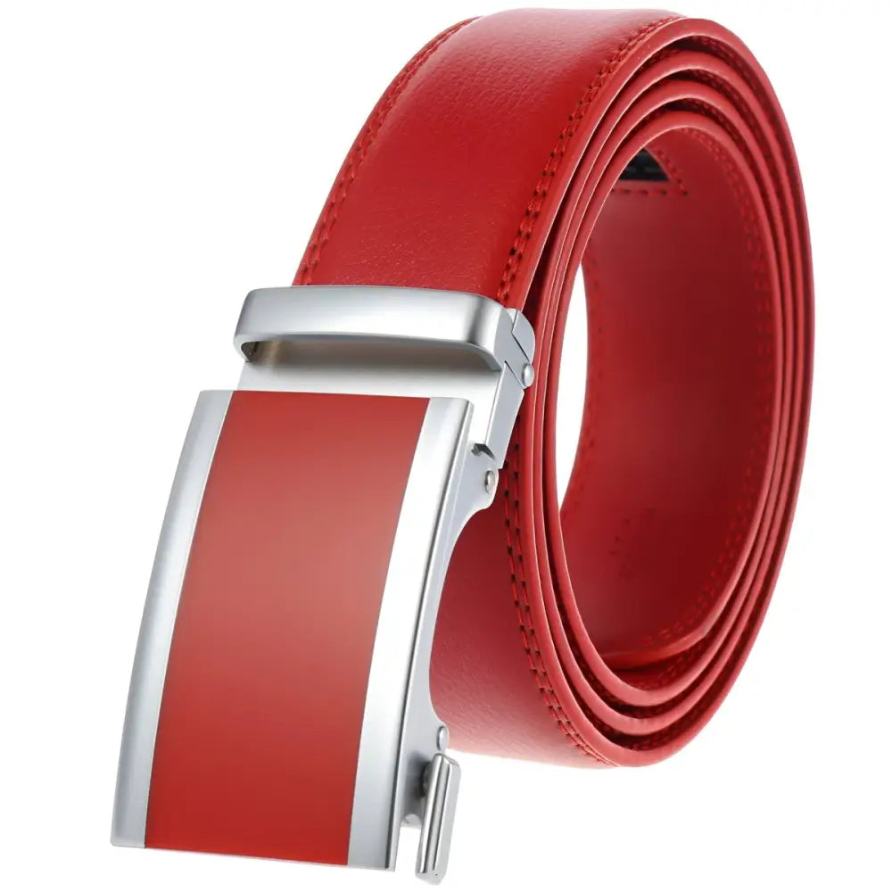 Red leather belt with silver buckle for men, perfect for stylish black leather accessories