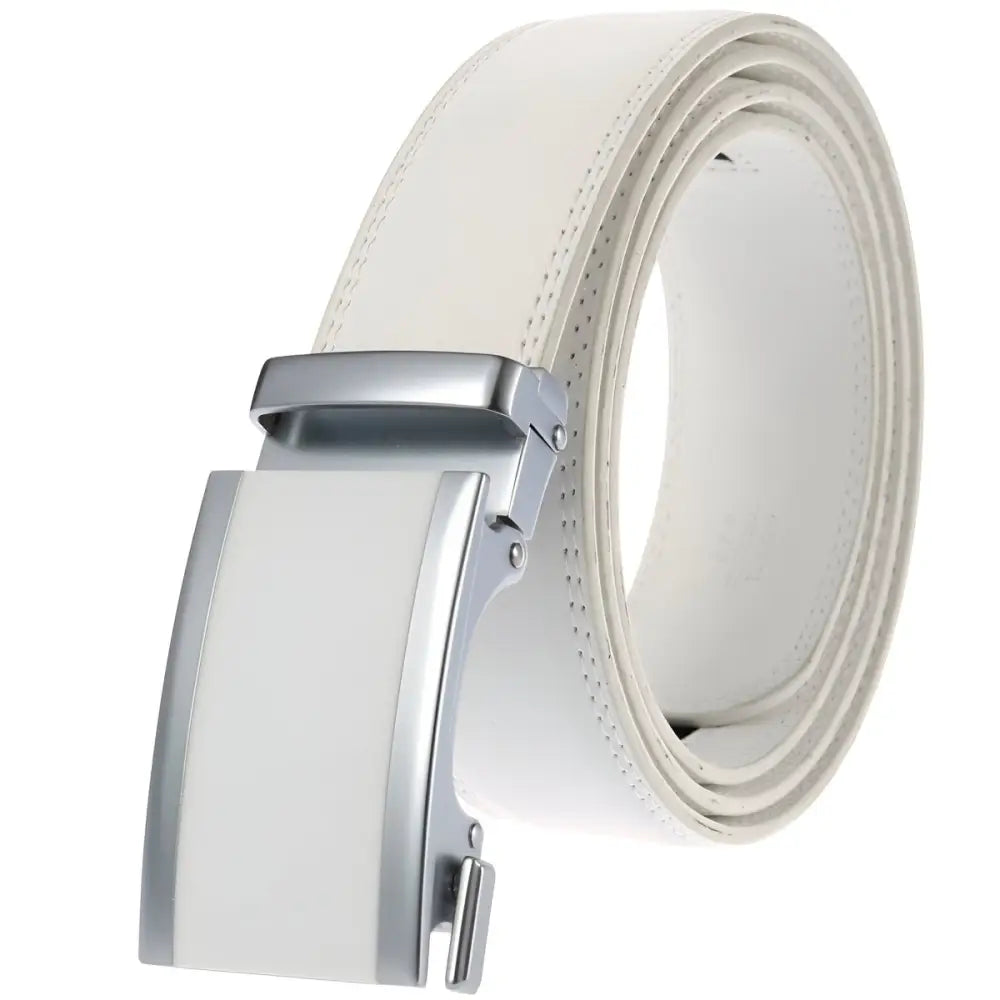 White leather belt with silver buckle displayed for black leather belt for men product