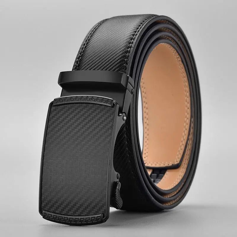 Black leather suit belt with automatic buckle, Frederik Suit Belt with black carbon fiber