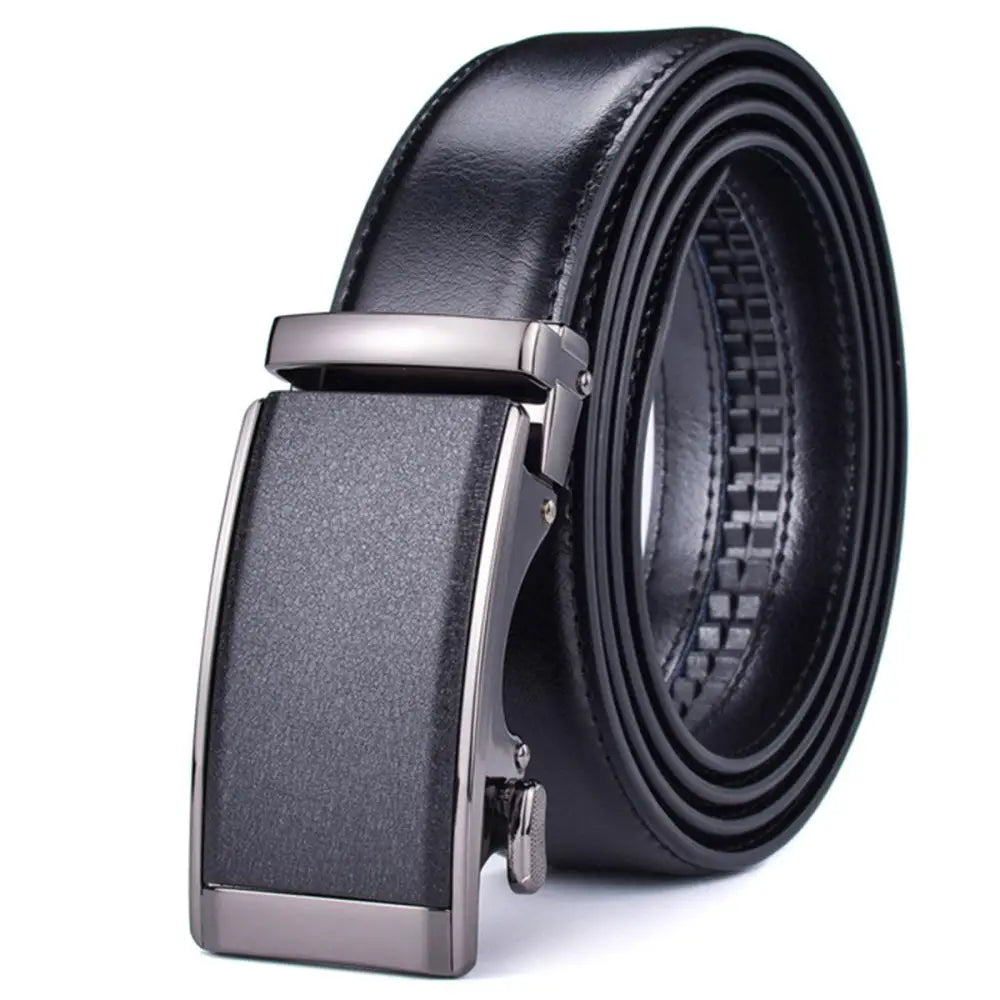 Black leather ratchet belt suitable for formal attire with adjustable buckle and sleek design