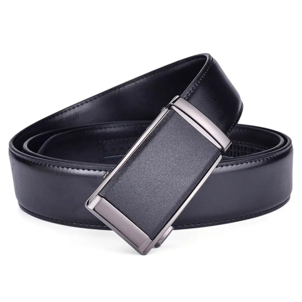 Black leather ratchet belt with rectangular buckle for formal attire