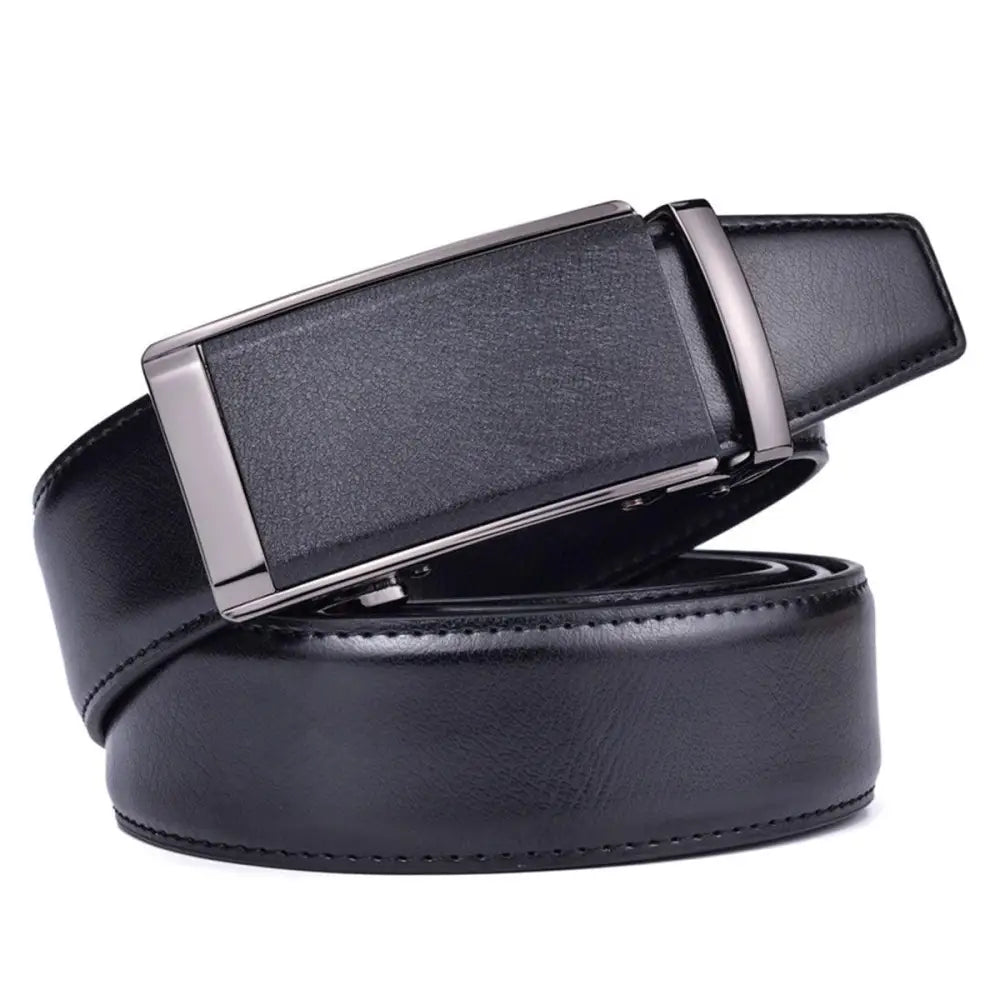 Black leather ratchet belt suitable for formal attire with adjustable buckle fastening