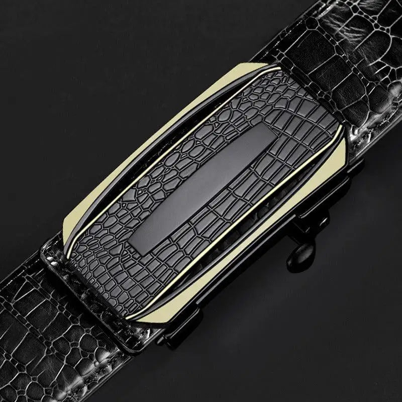 Black crocodile-patterned suit belt with decorative buckle for men’s crocodile suit formal wear