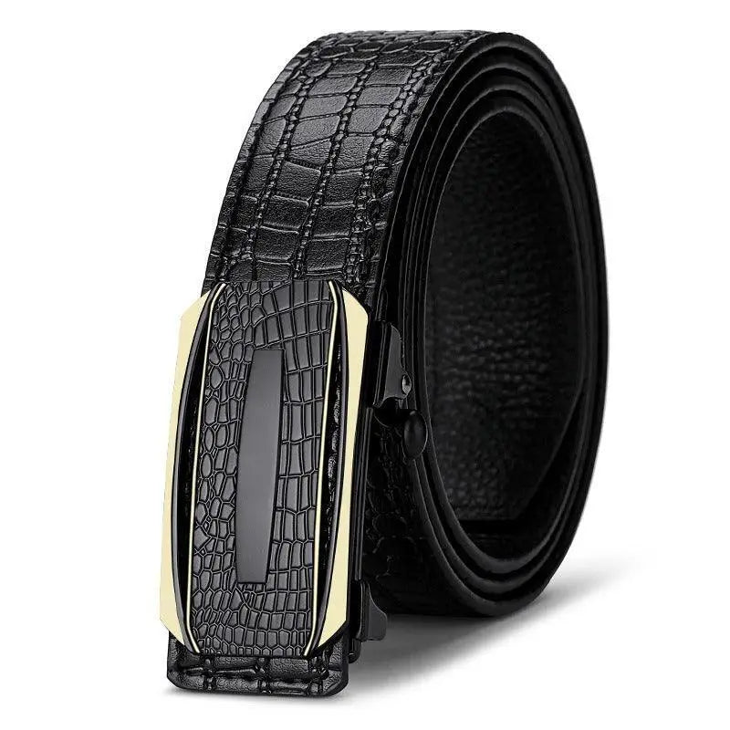 Black crocodile suit belt with gold trim buckle ideal for men’s crocodile suit formal wear
