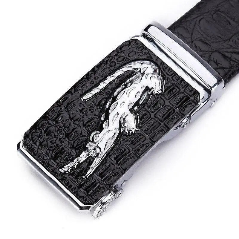 Black croco leather belt with silver jaguar buckle for suit wear and belt crocodile style