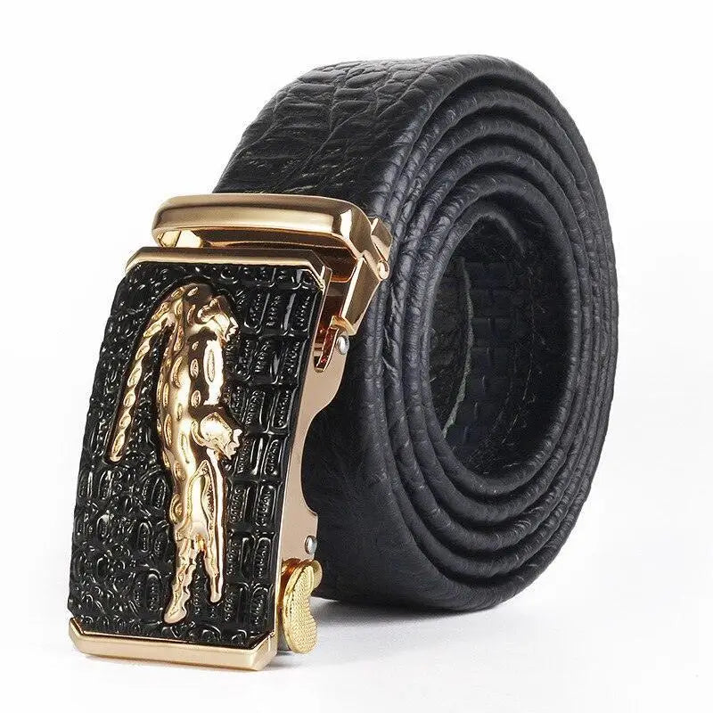 Black croco leather belt with gold crocodile buckle for suit wear