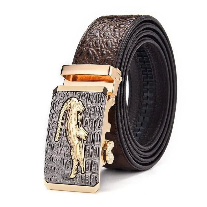 Niyaz belt featuring brown leather and crocodile buckle with gold accent