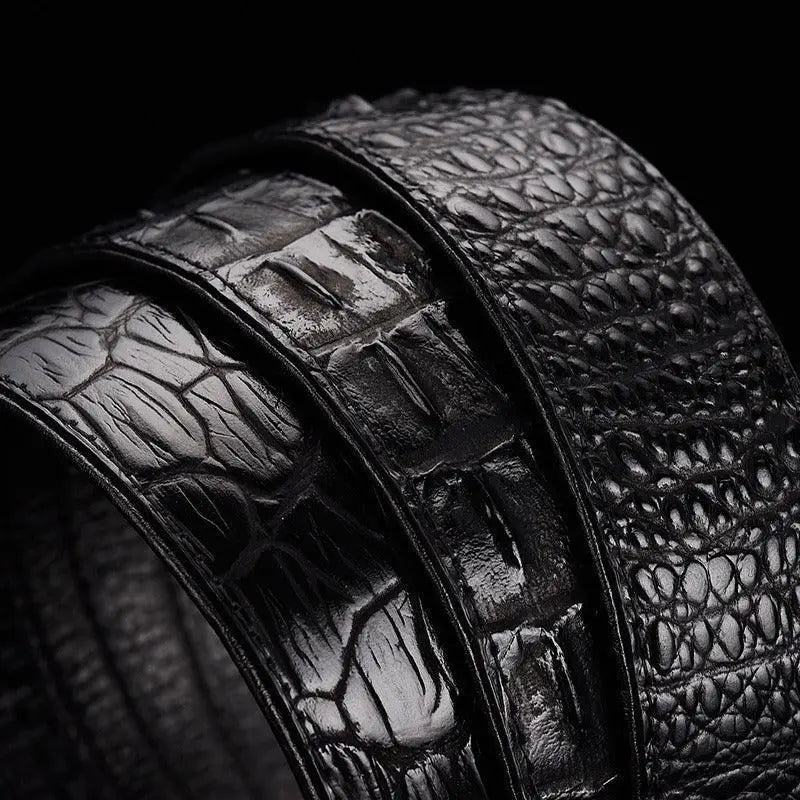 Black crocodile leather belt featuring gold buckle from Niyaz Belt collection