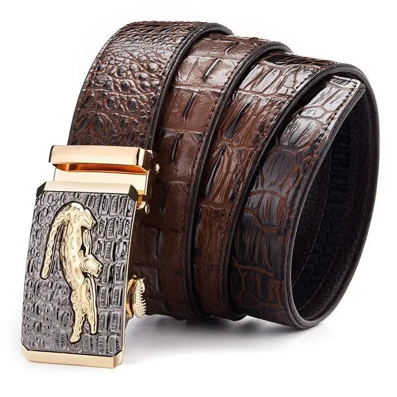 Niyaz belt featuring brown crocodile-pattern leather with gold buckle for elegant style