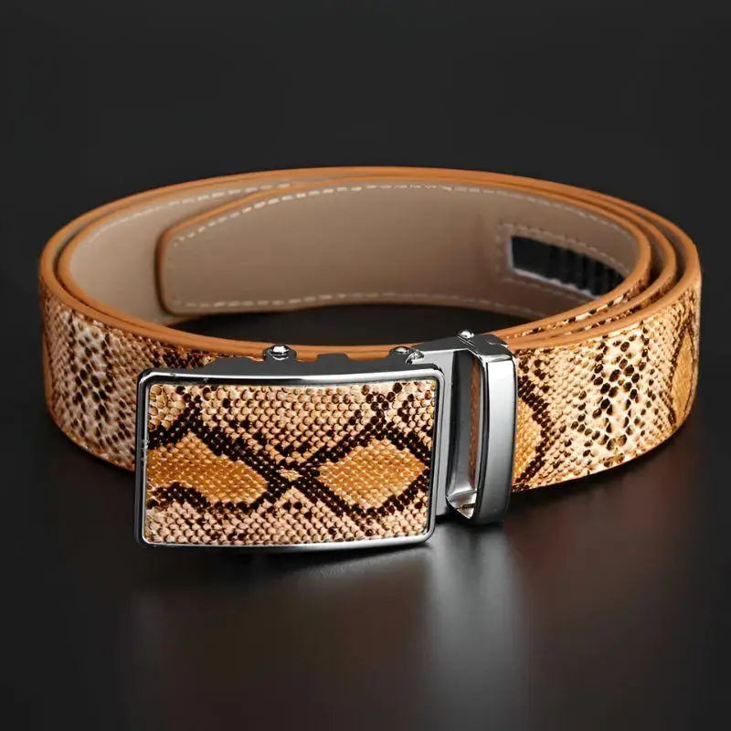 Snakeskin-patterned belt with a silver buckle displayed in the product Snakeskin Patterned Belt with Silver Buckle