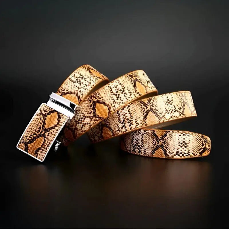 Snakeskin-patterned belt with a silver buckle showcased in the product Snakeskin Patterned Belt with Silver Buckle
