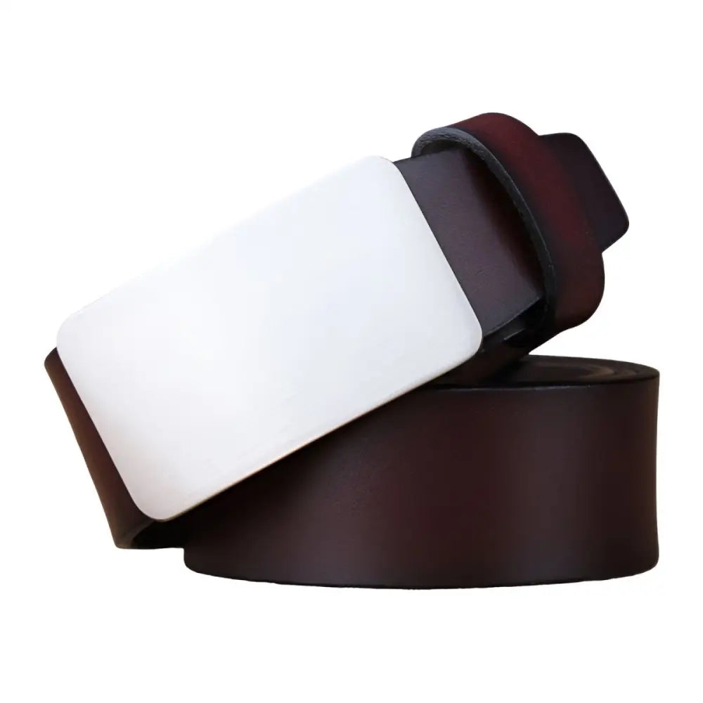 Brown leather belt with white buckle made from durable full-grain leather