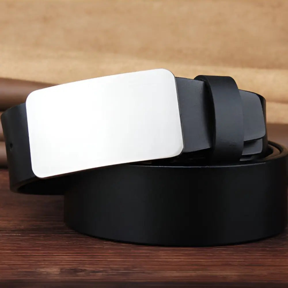 Black full-grain leather belt with silver buckle for elegant fashion and durability