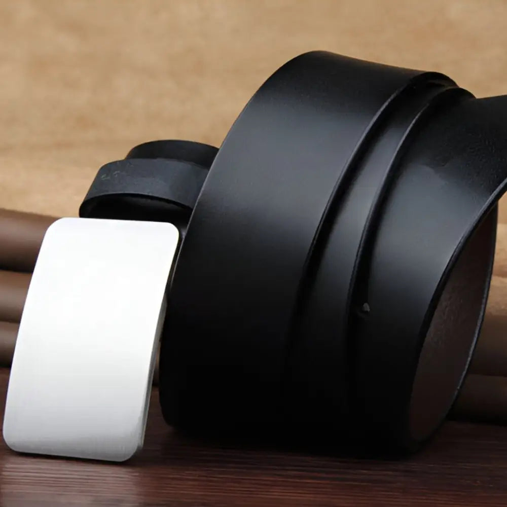 Black full-grain leather belt with silver buckle for men and women