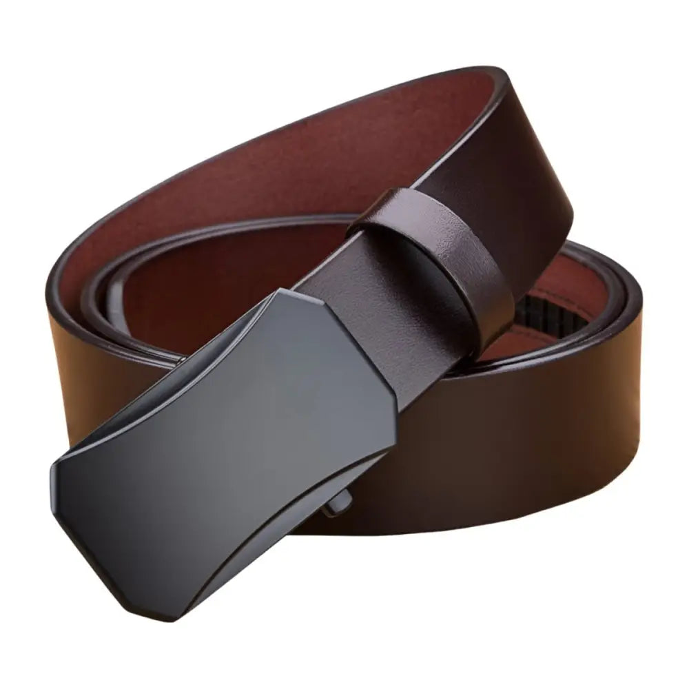 Brown leather belt with black buckle made from durable full-grain leather