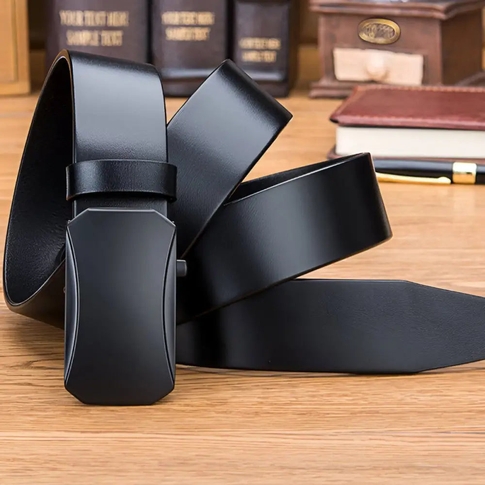 Black full-grain leather ratchet belt with matte metal buckle for formal wear
