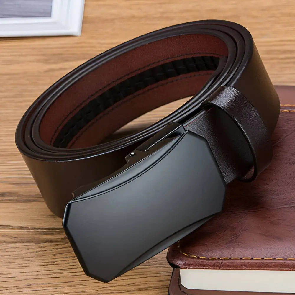 Brown leather belt with black buckle made from durable full-grain leather